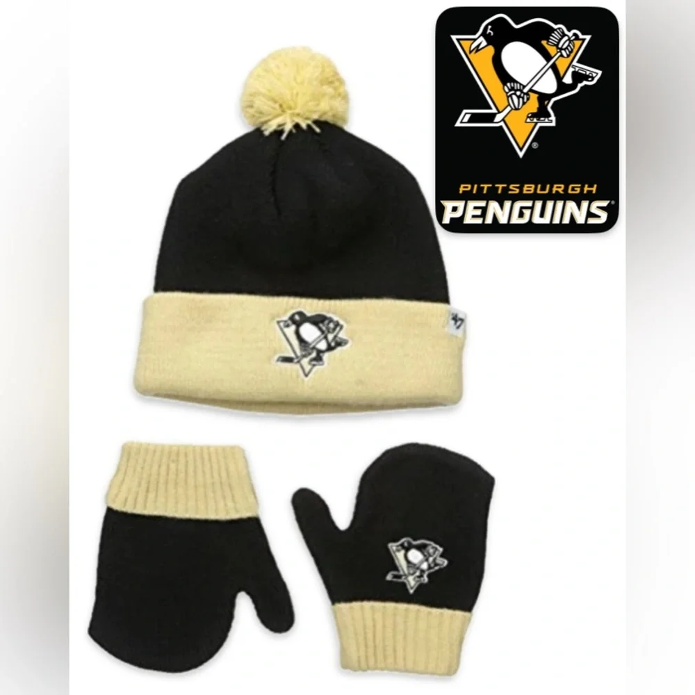 NWT [‘47] Pittsburgh Penguins 🐧 NHL Knit Beanie Hat & Mittens Set Black, Infant